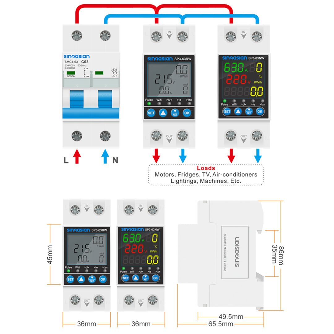 Energy meter adjustable Wifi Voltage Current Protector 63A