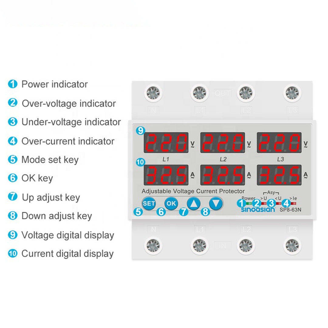 1-63A 1-80A adjustable current voltage protector asymmetry and phase sequence protection