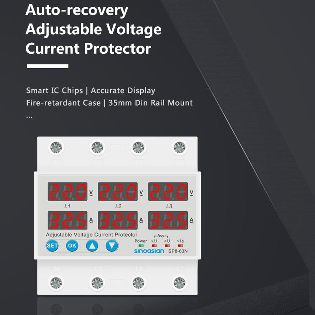 1-63A 1-80A adjustable current voltage protector asymmetry and phase sequence protection